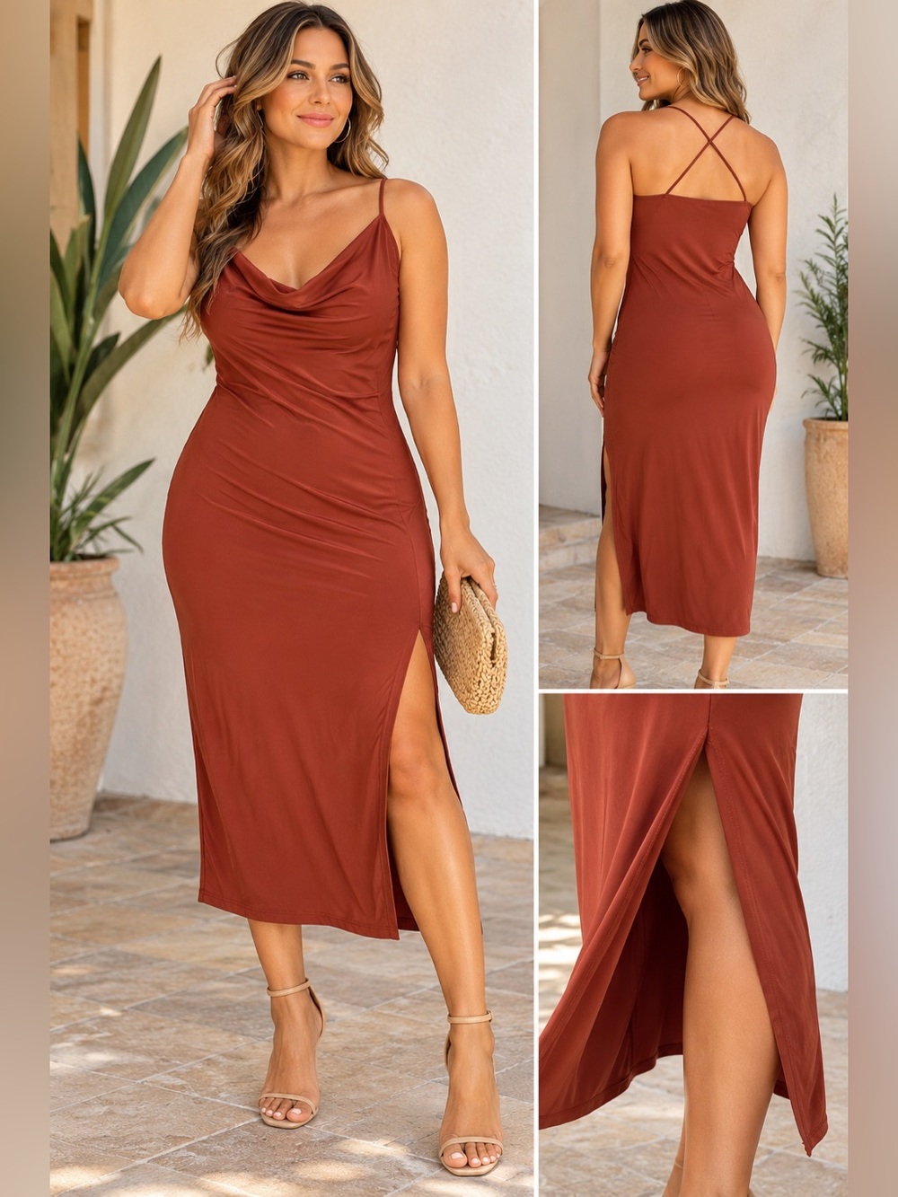 Rust Cowl Neck Slip Dress Spaghetti Strap
Crisscross Back Side Slit Bodycon Sm